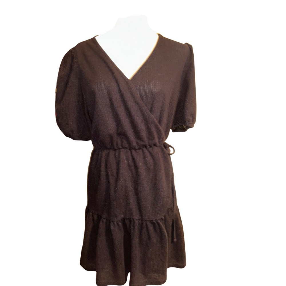 & Other Stories Black Textured Metallic Wrap Mini Dress Puff Sleeve Size M